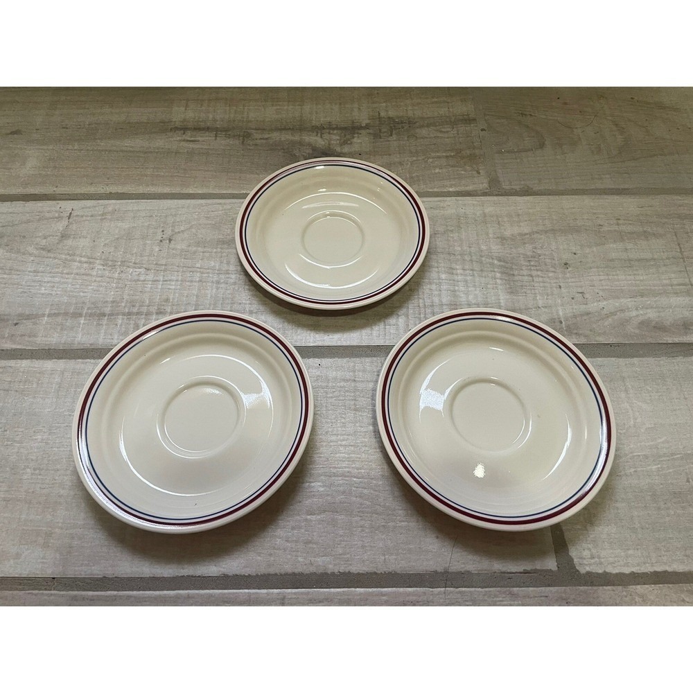 Vintage Corelle ABUNDANCE‎ Saucers 6 1/4 " Cream with Red & Blue Band Around Rim